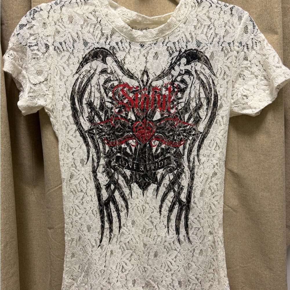 Affliction White Lace Tee with Black and Red Design